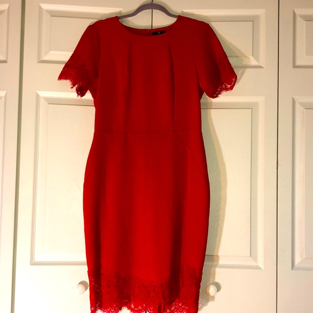H&M Red Sheath w/partial lace sleeves and hem. Size 12